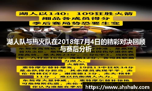 湖人队与热火队在2018年7月4日的精彩对决回顾与赛后分析